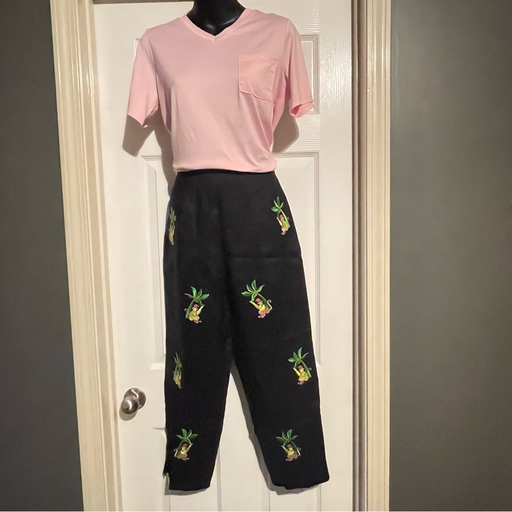 Black Linen With Lining and Monkey Embroidered Pants by C J Lainge